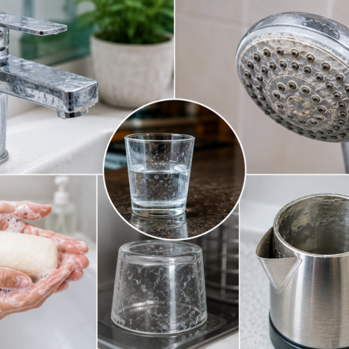 How to check hard water at home by identifying white limescale deposits on taps and bathroom fixtures.