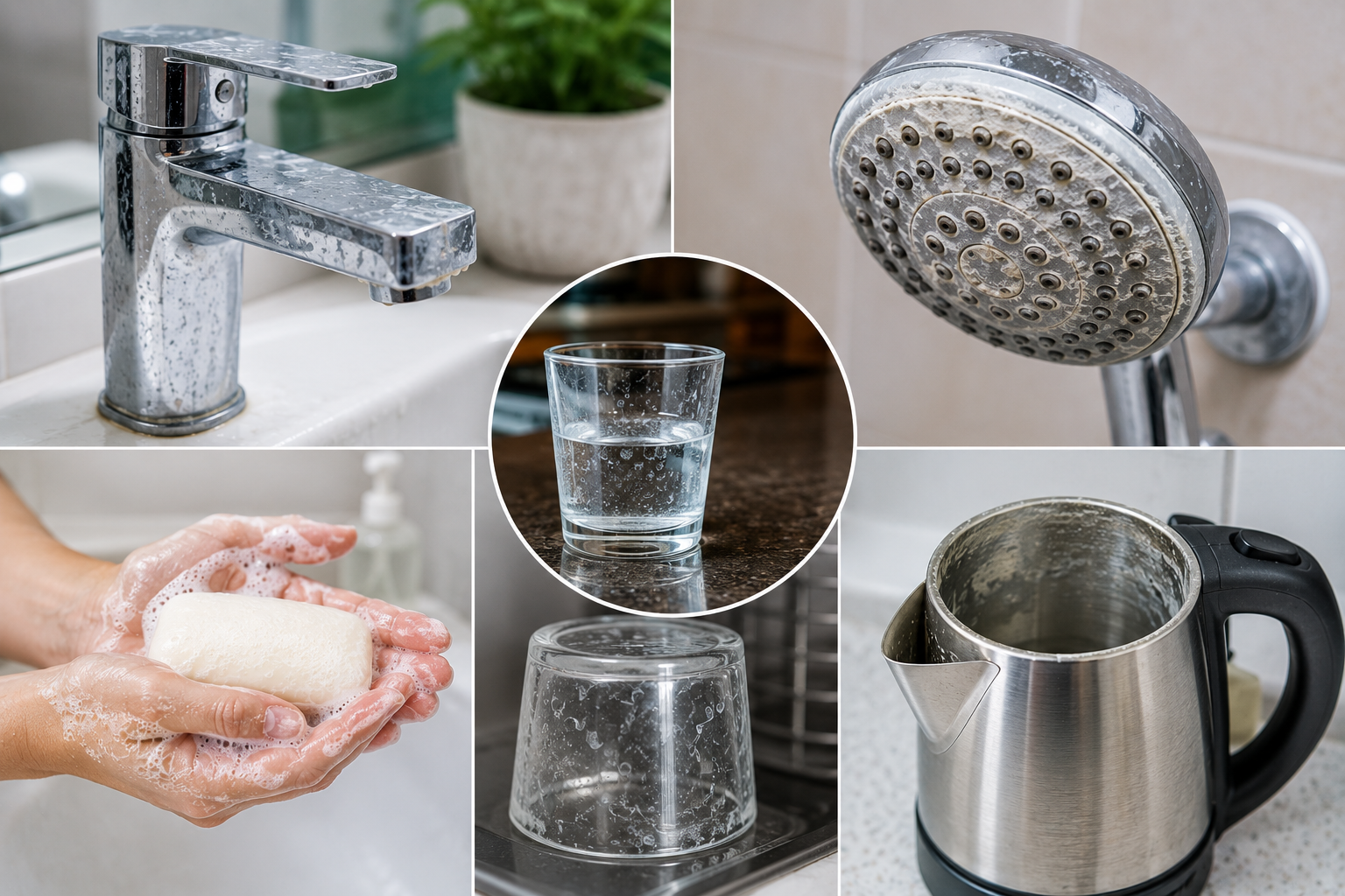 How to check hard water at home by identifying white limescale deposits on taps and bathroom fixtures.