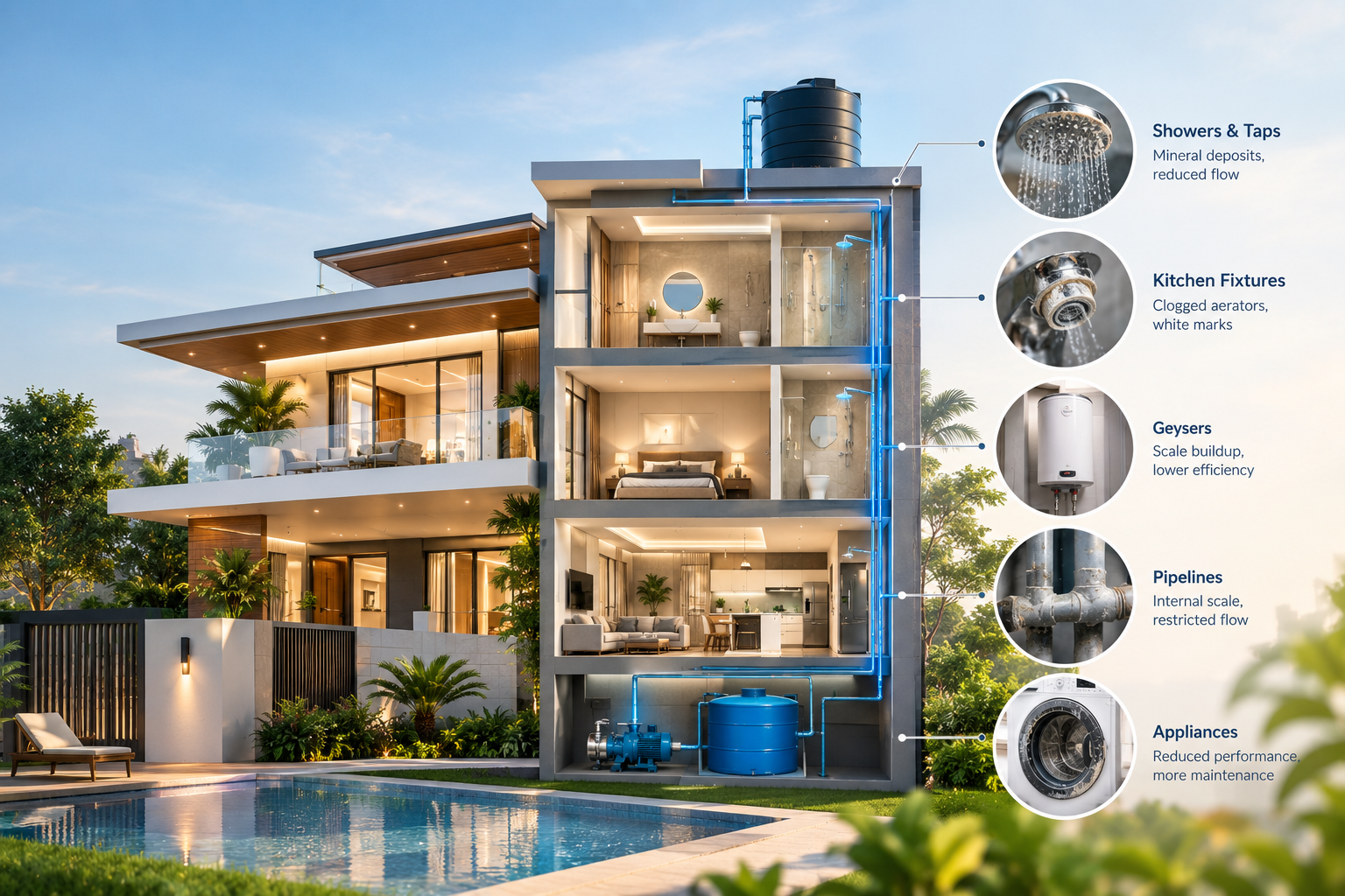 Hard water management in a multi-floor villa